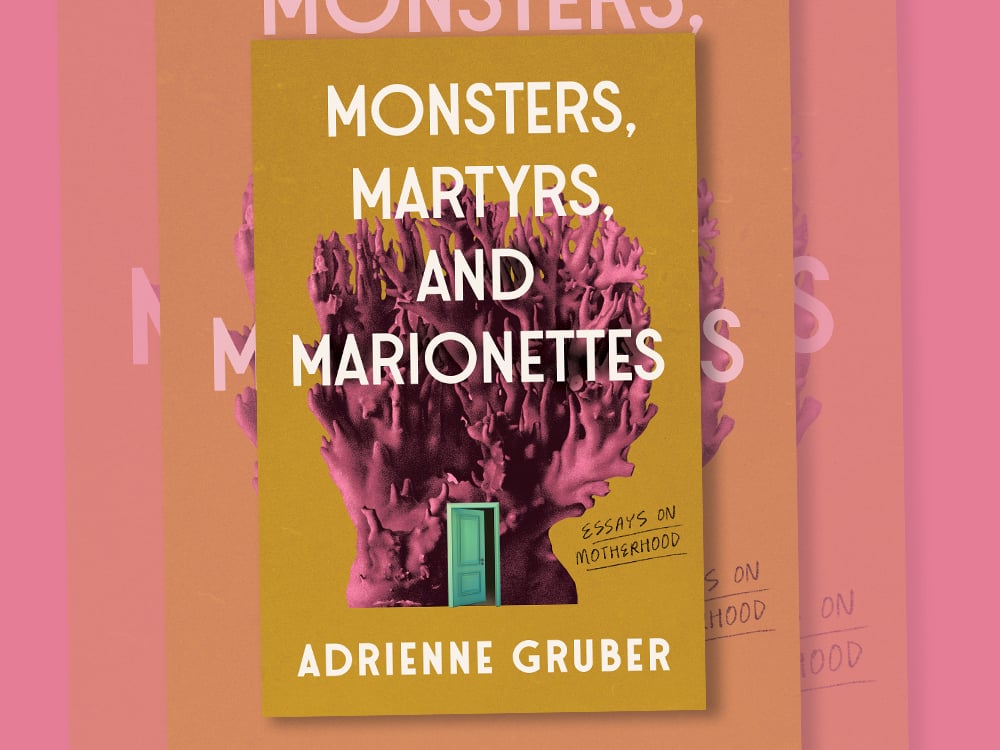 The cover of 'Monsters, Martyrs and Marionettes,' which features a blue door opening into pink coral.