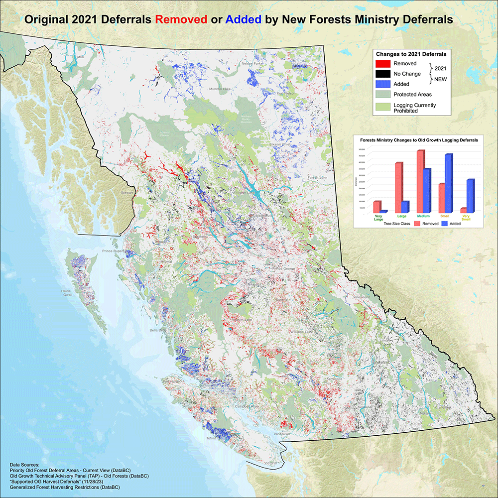 A map of B.C. with areas shaded in red and blue, titled 'Original 2021 Deferrals Removed or Added by New Forests Ministry Deferrals.'