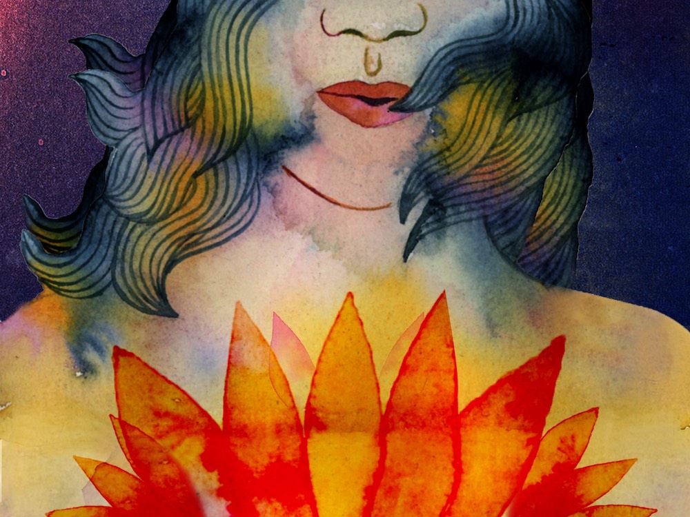 An impressionistic watercolour illustration of a person with dark wavy shoulder-length hair, zooming in on the area from the nose to the chest. Their mouth is open, exhaling. Red lotus-like petals bloom across their chest. 