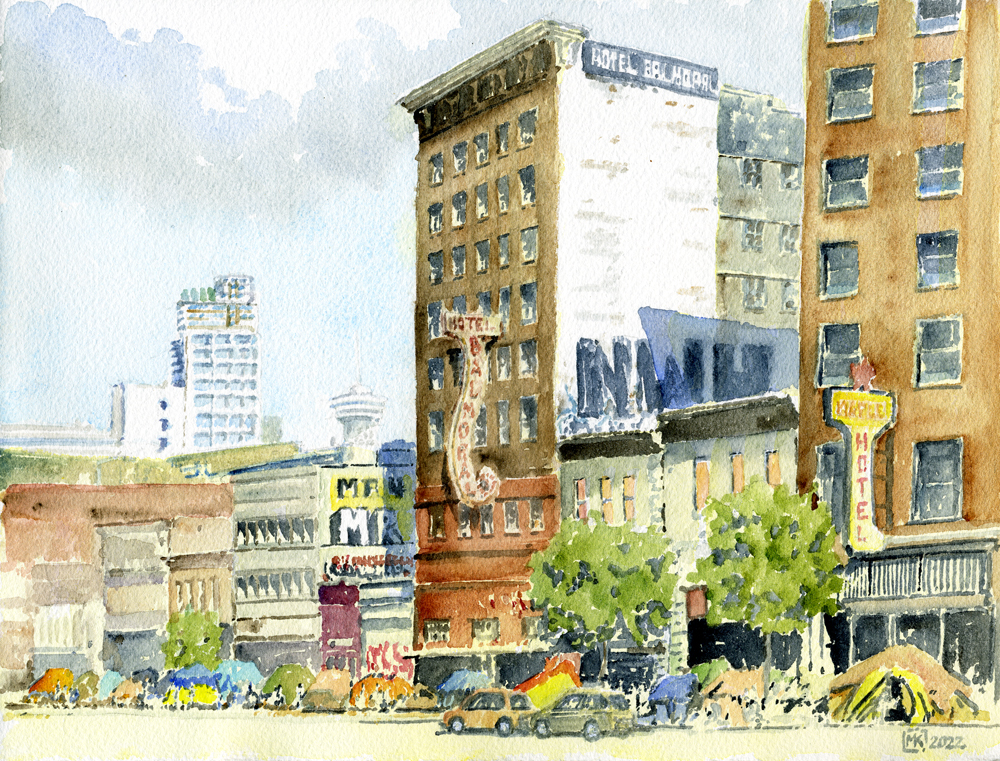 A watercolour illustration of the streetscape looking west on East Hastings Street featuring the Balmoral Hotel, a tall, brown brick building with a spiral neon sign down its side on a bright day.