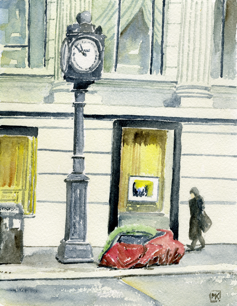 A watercolour illustration of a grey downtown streetscape featuring a heritage clock on a lamppost and, to its right, a small red tent on the sidewalk that a pedestrian is approaching.