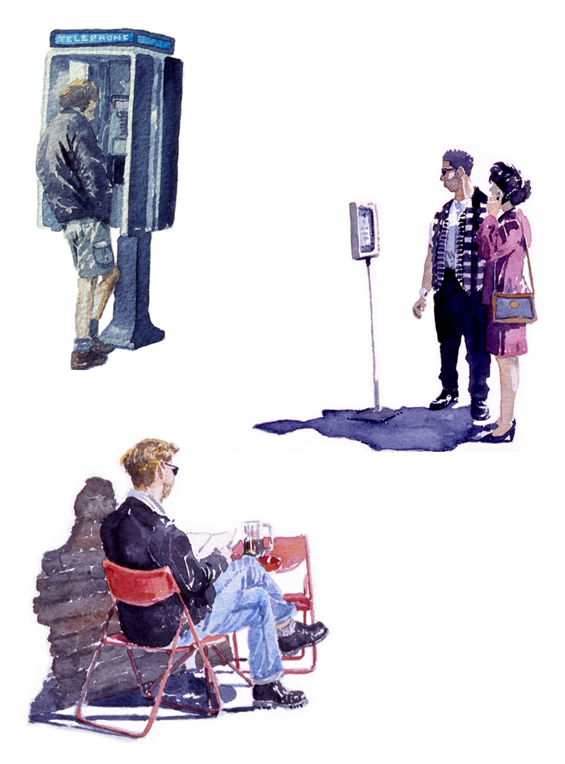Three concept illustrations with watercolour on white background feature, clockwise from top: a person using a pay phone, a couple looking at a restaurant menu mounted to a stand, and a person seated at a sidewalk café table.
