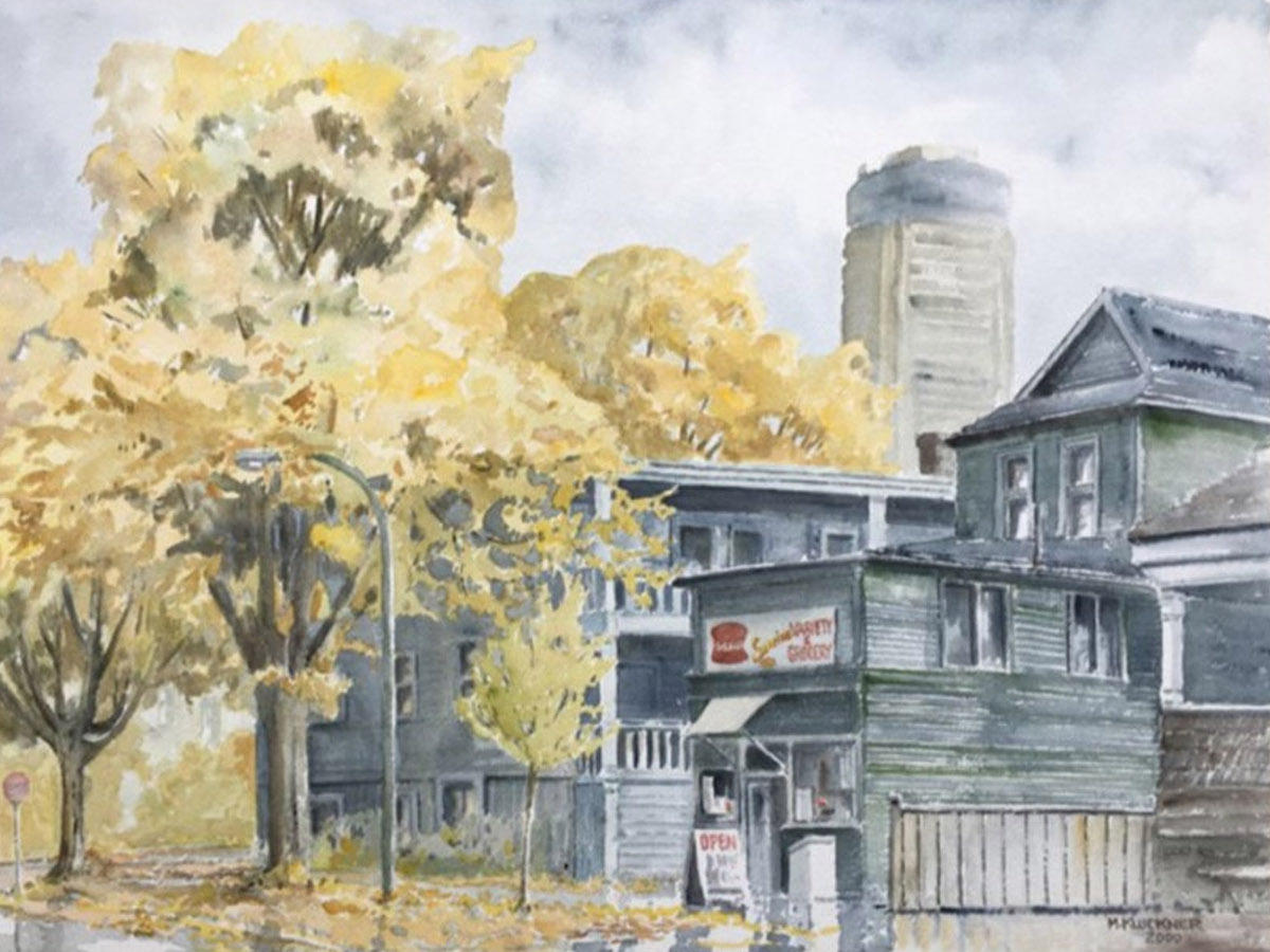 A watercolour illustration of a Vancouver residential street lined with light green deciduous trees. A green house with a general store attached to the front bears red and white signage on its awning and on a sandwich board sign out front.