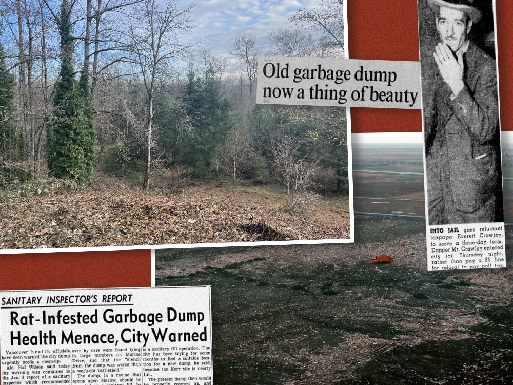 A collage that includes a current photo of the view from Mount Everett in Everett Crowley Park; an old aerial photo of the same site when it used to be a garbage dump; a newspaper clipping showing Everett Crowley, the man the park was named after, on the day of his arrest; and newspaper headlines that read 'Old garbage dump now a thing of beauty' and 'Rat-Infested Garbage Dump Health Menace, City Warned.'