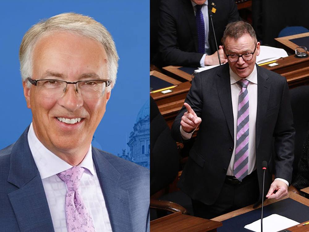 Left: A white man with short grey hair and glasses, wearing a blue jacket over a white shirt with a pink patterned tie. Right: A white man with short brownish hair and glasses, wearing a black jacket over a white shirt with a grey and pink striped tie.