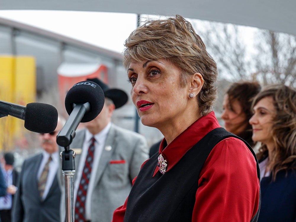 A 55-year-old with medium-toned skin and styled brown hair stands in front of two microphones. She wears a black vest, red shirt and broach.