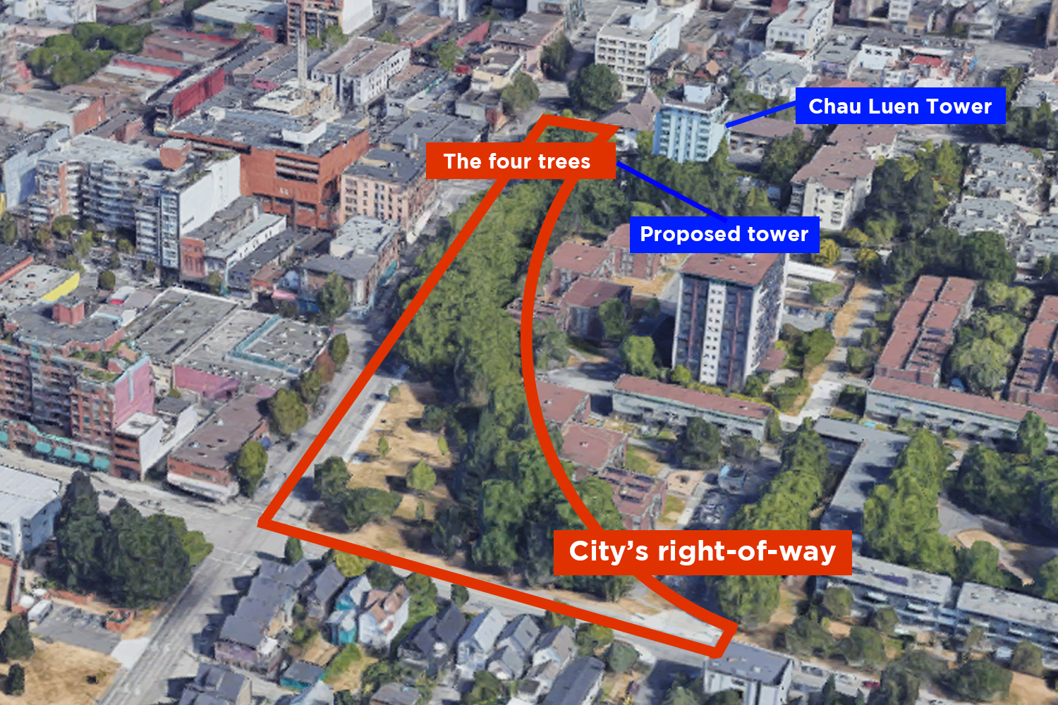 An aerial map of Vancouver&rsquo;s Chinatown, showing a strip of grassy land with trees once intended for a road coming off the highway, which was cancelled.