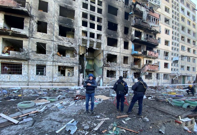 An image of a residential building in Kyiv which has been hit by Russian rockets in the ongoing Russia-Ukraine War.