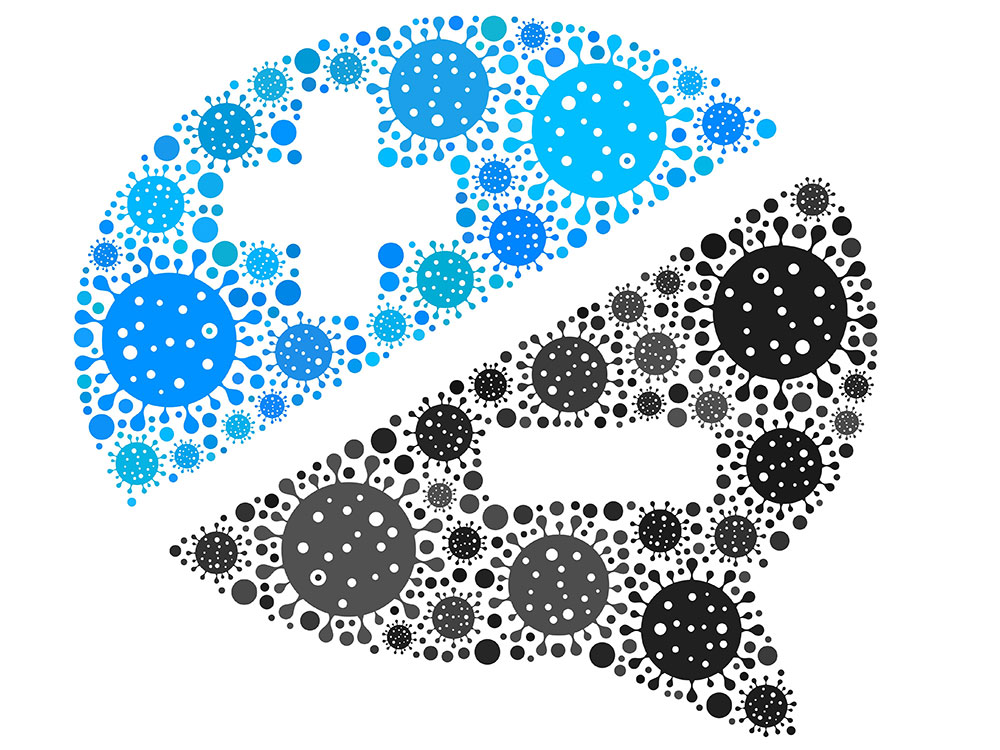 The graphic shape of a cartoon quote filled with images of the coronavirus bisected by a slash with a plus sign above and a minus sign below.