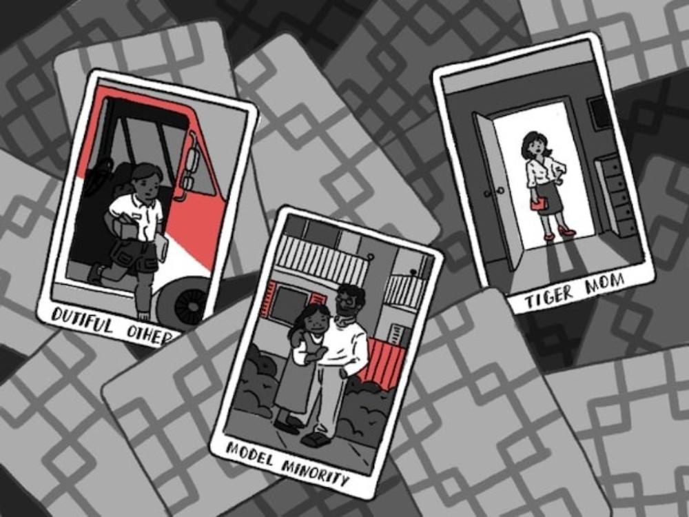 An illustration shows three cards: one labelled 'Dutiful Other' with a person emerging from a van carrying packages; one labelled 'Model Minority' showing a man and woman with dark skin tones standing in an embrace; and one labelled 'Tiger Mom' showing a woman with her hand on her hip standing in a doorway.