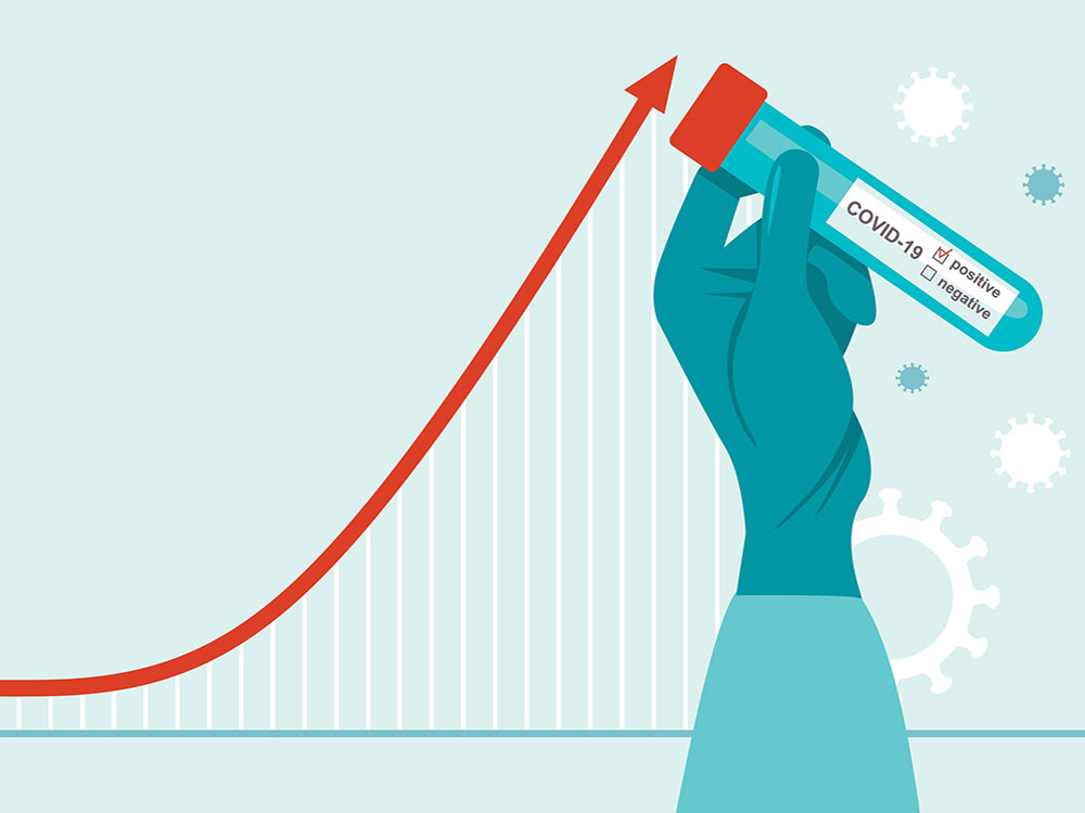 A stock chart trending upwards. At the right edge of the chart, a gloved hand holds a test tube that reads, “COVID positive.”