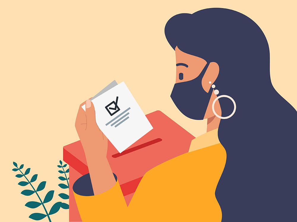 An illustration depicts a woman approaching a ballot box with a ballot. The woman has dark hair and is wearing a face mask. She is wearing a yellow shirt and the ballot box is red against a light yellow background.   