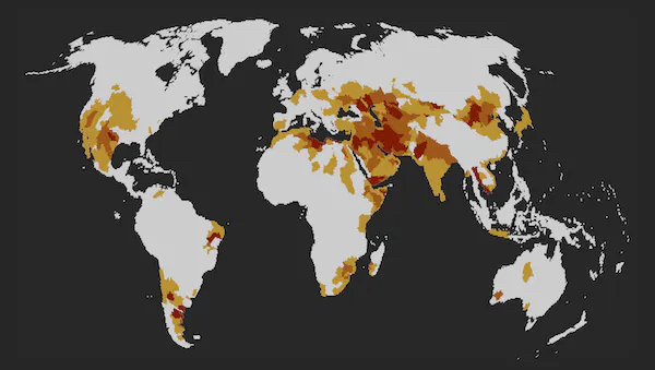 A map shows the world, with orange and red patches illustrating the most likely areas to experience severe impacts from water shortages.