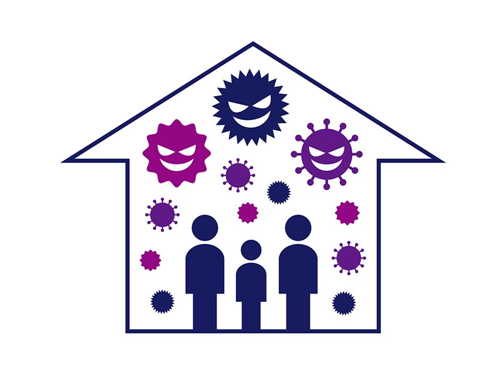 A basic stock illustration of the outline of house. Inside are blue and purple cartoon viruses with faces and blue figures.