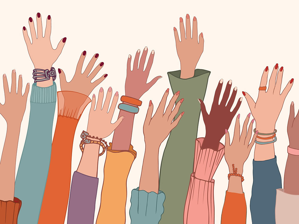 An illustration of multicultural women&rsquo;s arms and hands raised. 