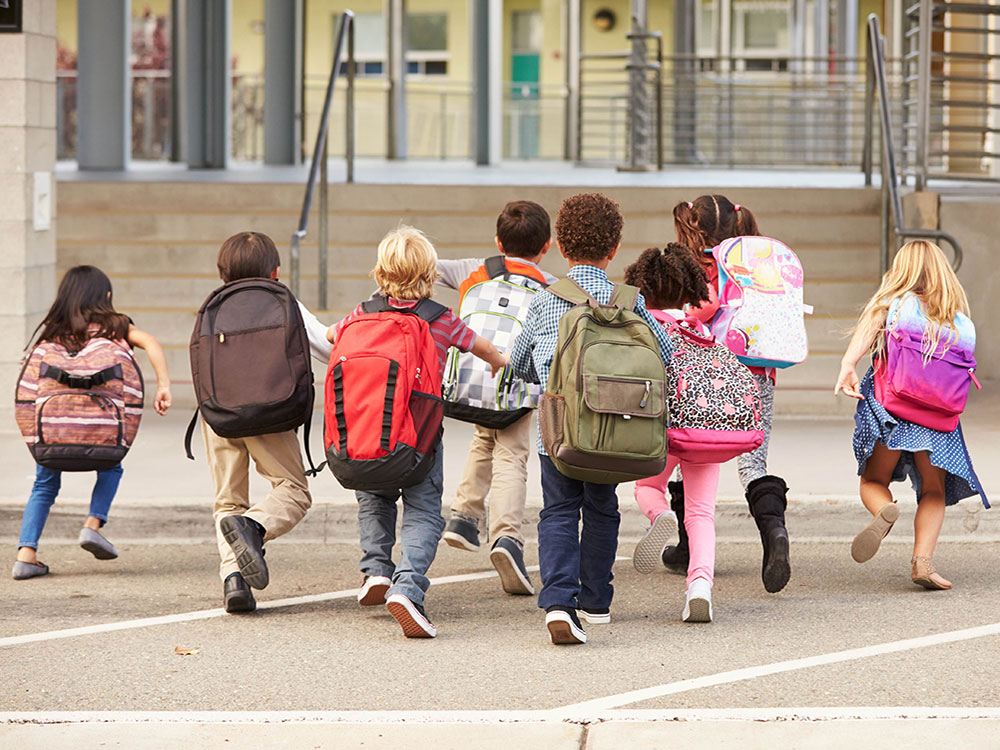 A group of elementary school-aged children walk towards the light concrete steps of a school. They are wearing colourful backpacks with their backs turned to the camera.