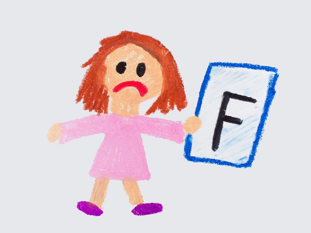 A childlike drawing of a girl looking very sad and holding a report card that says &lsquo;F&rsquo;.