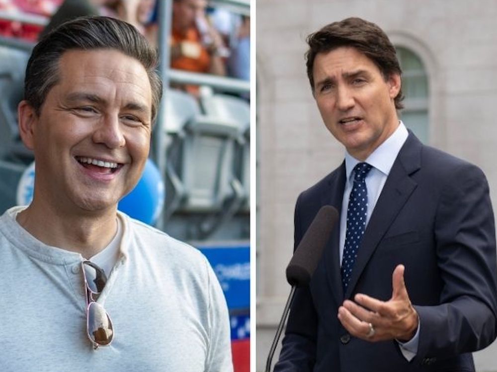 Pierre Poilievre smiles for the camera while casually dressed; Justin Trudeau wears a dark suit.