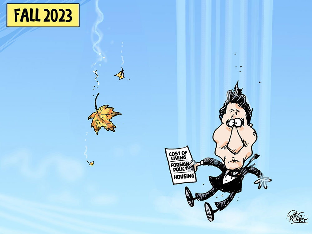 A cartoon of Justin Trudeau falling through the sky amid a few maple leaves. He is holding a piece of paper that reads &ldquo;cost of living &mdash; foreign policy &mdash; housing.&rdquo; A banner reads &ldquo;Fall 2023&rdquo; in the upper left-hand corner.