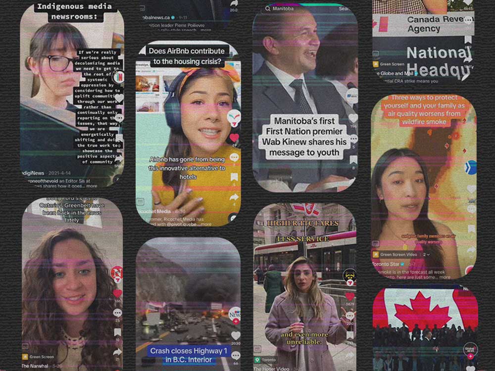 A collage of images of people and words appearing on TikTok videos.