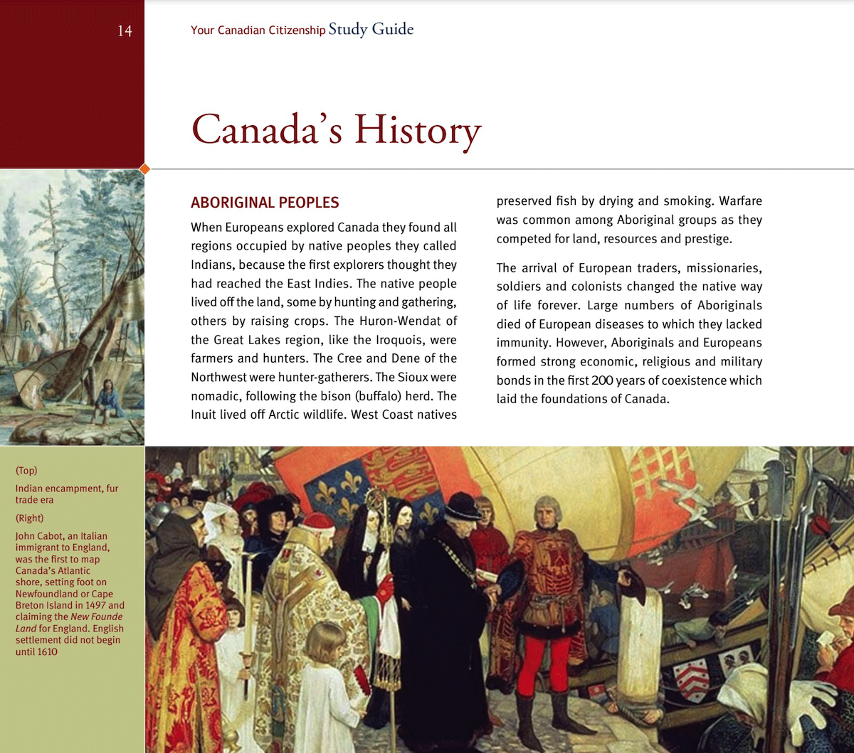 An excerpt from a study guide features a page titled &ldquo;Canada&rsquo;s History,&rdquo; below which a subsection titled &ldquo;Aboriginal peoples&rdquo; depicts, on the left, a small illustration of a person seated near a teepee, and on the bottom, a large painting of early settlers in Canada.