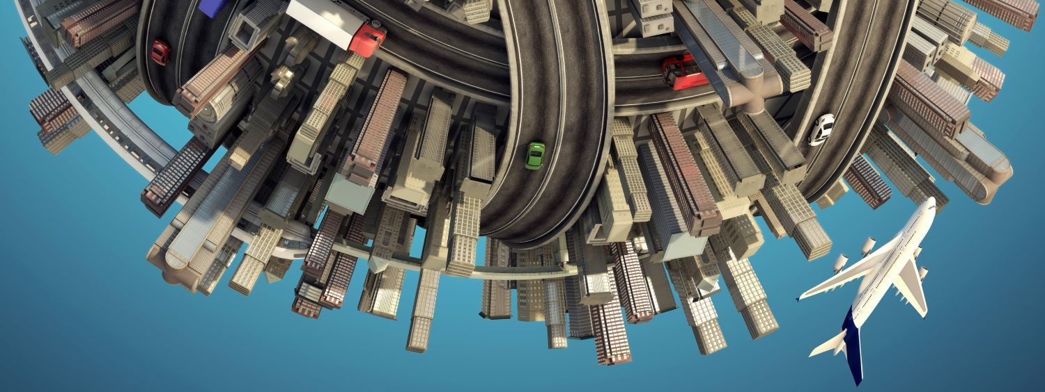 Bottom third of a globe-like sphere, except completely covered in buildings, roads, airplanes, etc. No green or blue.