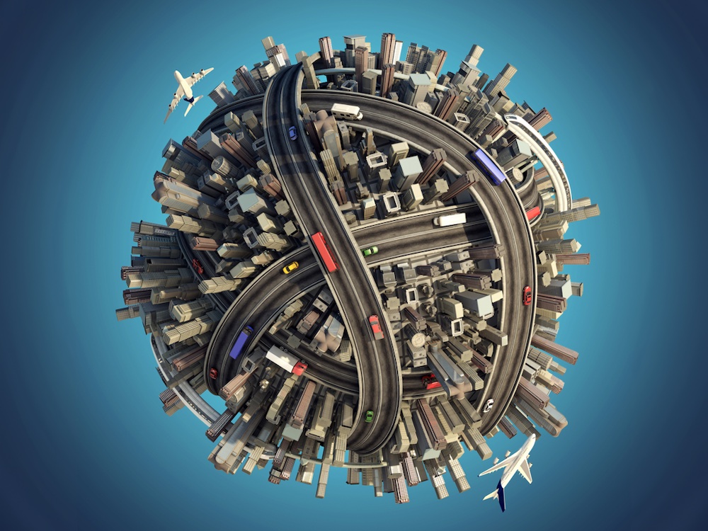 A globe-like sphere, except completely covered in buildings, roads, airplanes, etc. No green or blue.