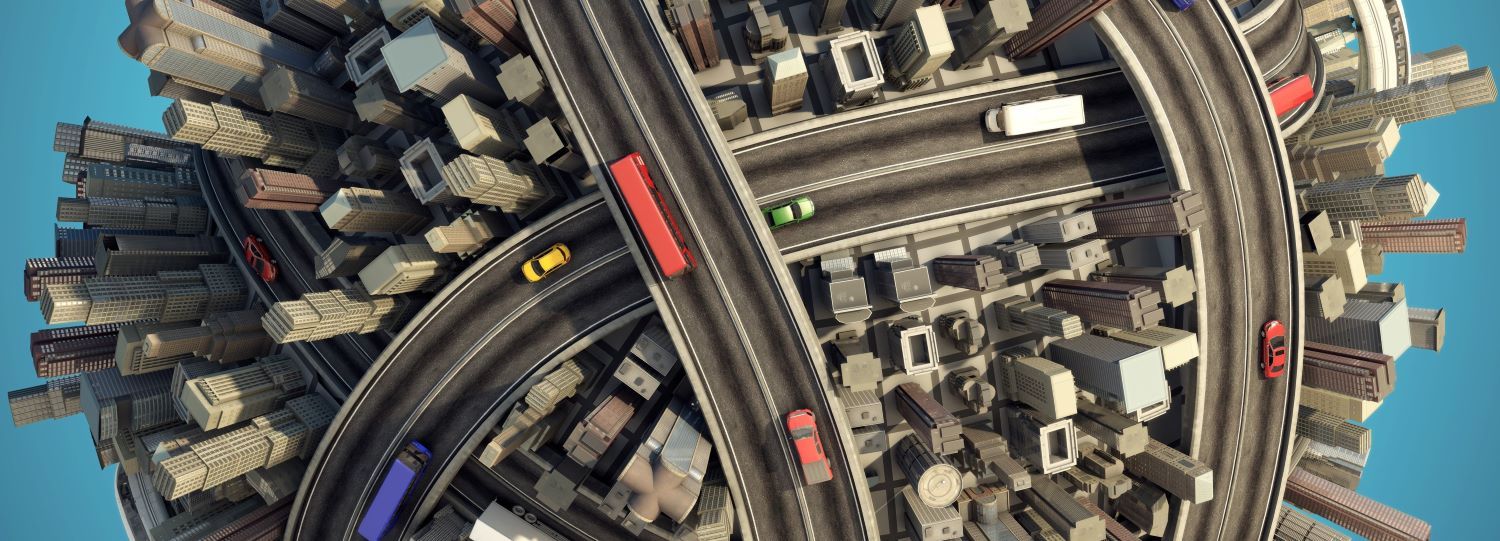 Middle third of a globe-like sphere, except completely covered in buildings, roads, airplanes, etc. No green or blue.
