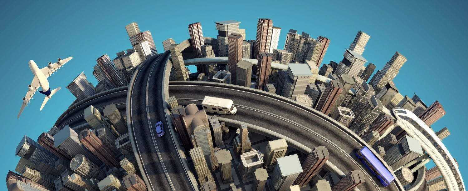 Top third of a globe-like sphere, except completely covered in buildings, roads, airplanes, etc. No green or blue.