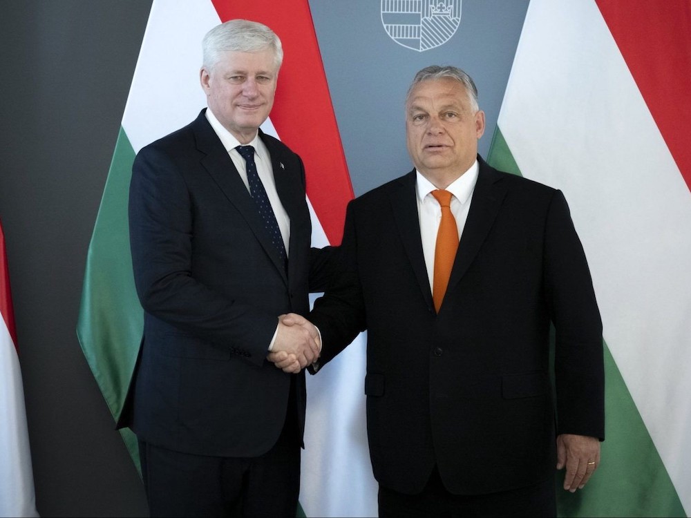 Two middle-aged, grey-haired men in suits stand shaking hands in front of red, white and green flags.