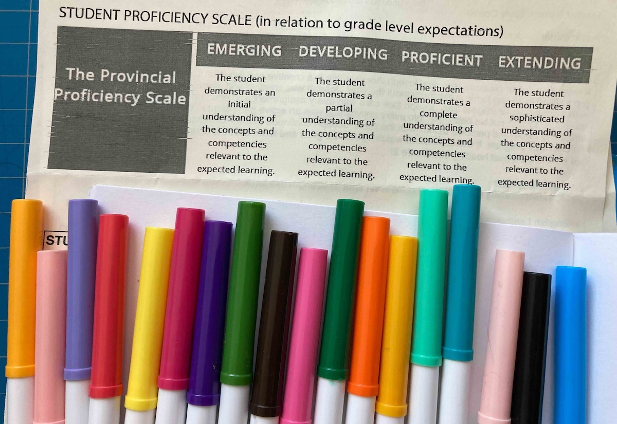 A piece of cream-coloured paper describes the provincial proficiency scale using sans serif typeface against contrasting dark and light backgrounds. The bottom half of the paper is covered with a row of thin white markers with colourful cylindrical caps against a blue grid background.