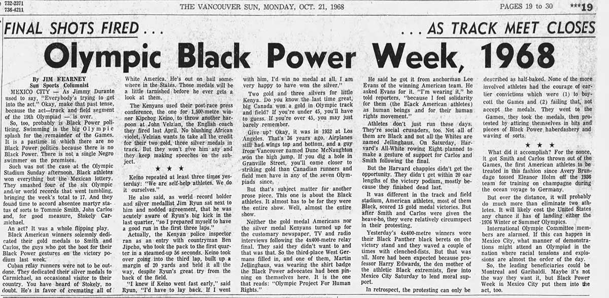 A black and white newspaper clipping from 1968 features a headline that reads 'Olympic Black Power Week, 1968.'