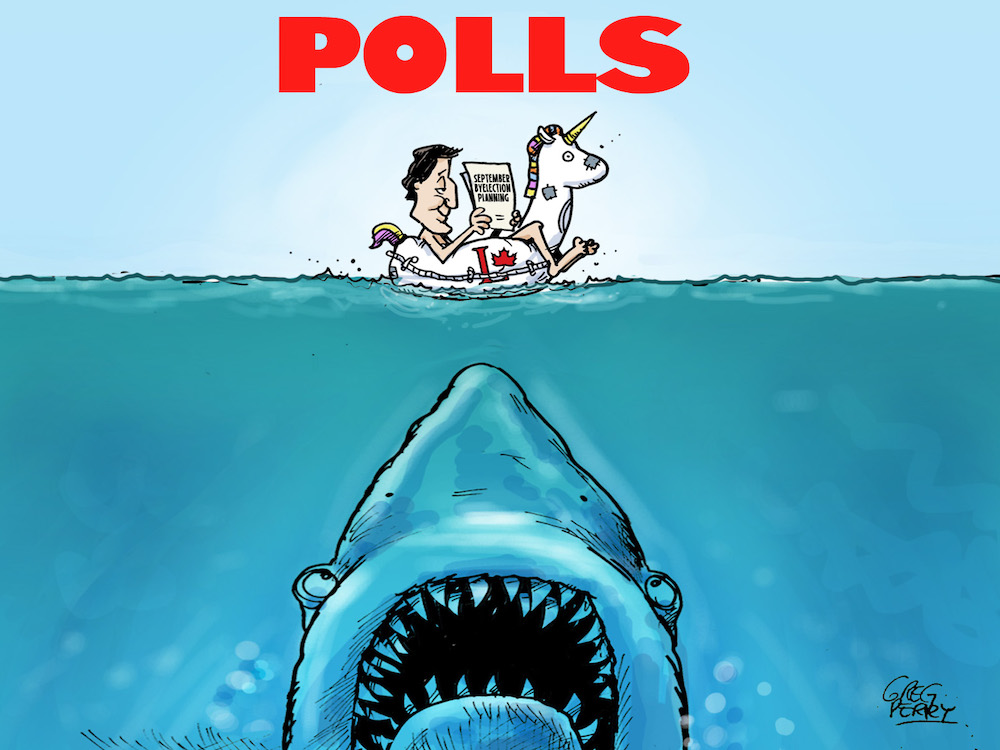 A cartoon shows Prime Minister Justin Trudeau in a unicorn floatie. The shark from 'Jaws' is emerging from the depths below him.