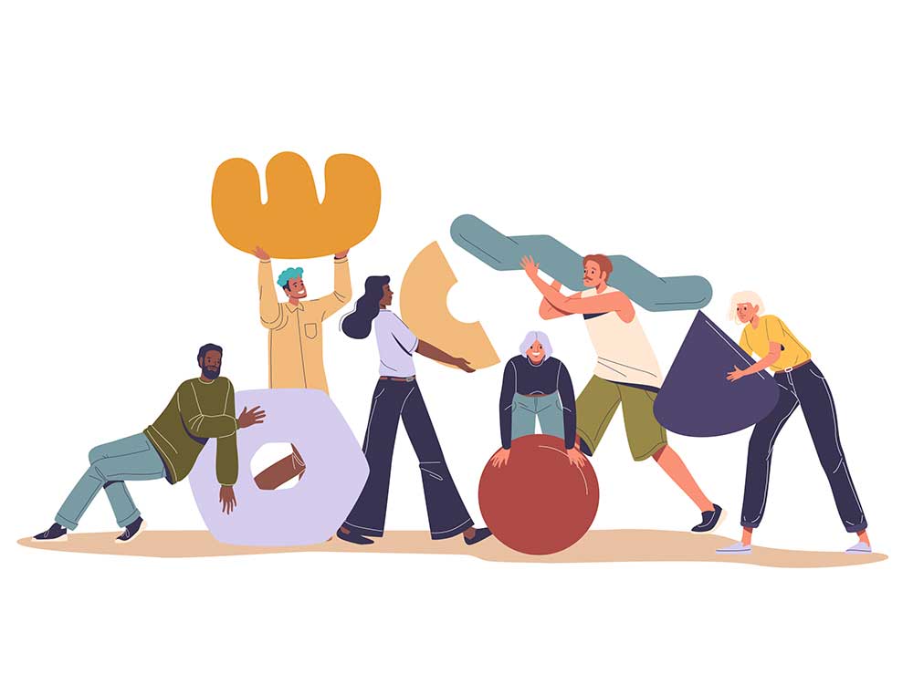 A diverse group of people participate in a team-building activity involving large geometric shapes.