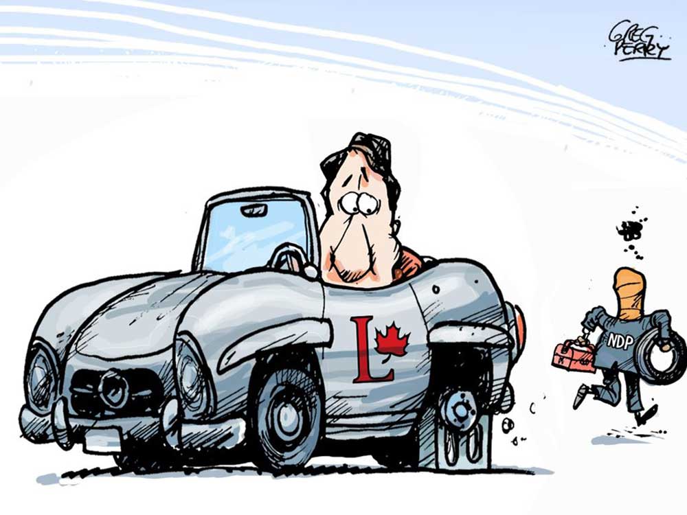 A cartoon depicting Prime Minister Justin Trudeau in a car with the Liberal Party of Canada logo, with a wheel missing. In the background, a figure labelled NDP is seen sneaking away with a tire and a toolbox.