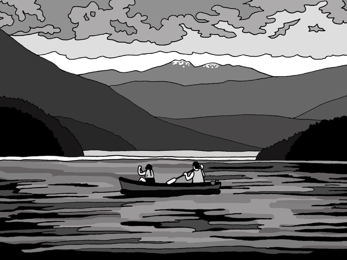 A greyscale illustration of two people paddling a canoe on the water, with mountains visible in the background.