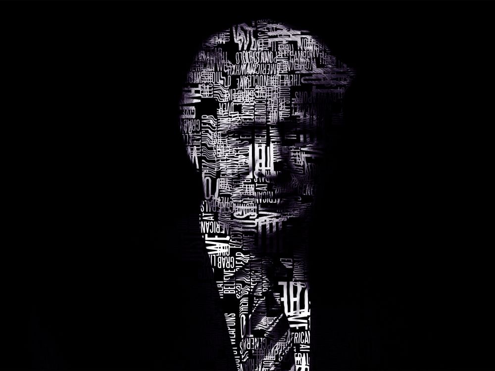 A stylized black-and-white portrait of Donald Trump is made up of words.