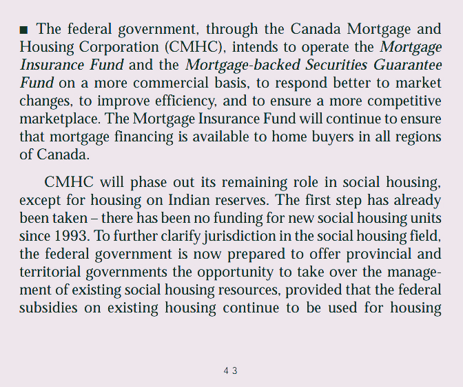 Serif type on a blank page that reads &ldquo;CMHC will phase out its remaining role in social housing, except for housing on Indian reserves. The first step has already been taken &mdash; there has been no funding for new social housing units since 1993. To further clarify jurisdiction in the social housing field, the federal government is now prepared to offer provincial and territorial governments the opportunity to take over the management of existing social housing resources, provided that the federal subsidies on existing housing continue to be used for housing.&rdquo;