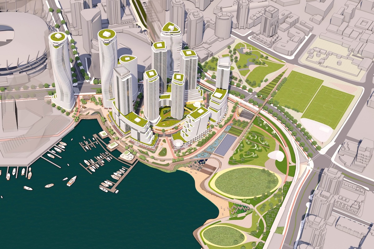 A drawing shows about a dozen large buildings and green spaces along the False Creek waterfront.