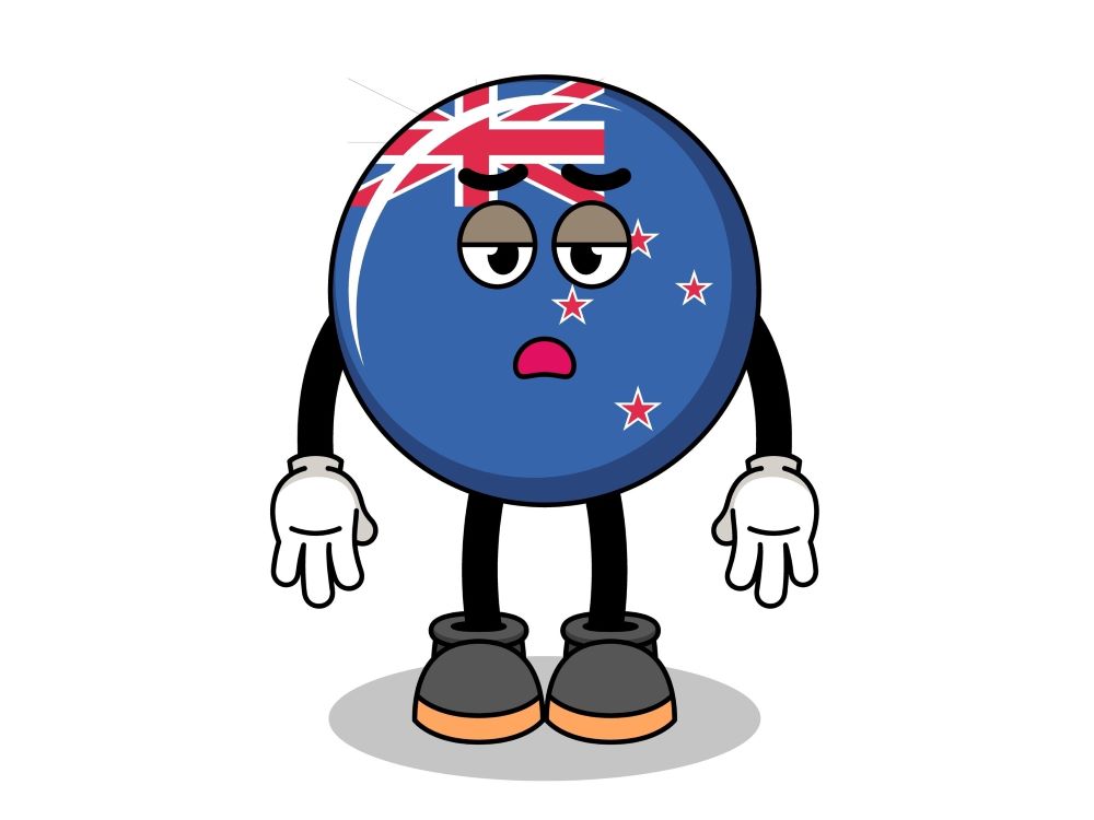 A cartoon depicts a round, blue and red New Zealand flag cartoon character with a sad expression.
