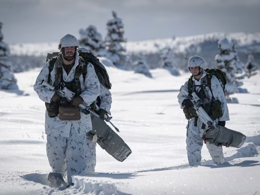 Three Canadian Forces members, in white camo clothes, carry guns in a snowy wilderness.