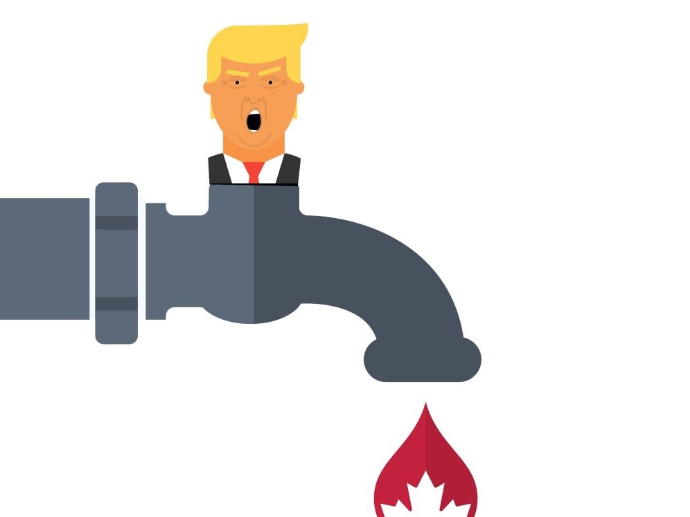 An illustration of Donald Trump's head poking out of the top of a faucet where the handle would normally be. Coming out of the faucet is a large red drop with a white maple leaf on it.