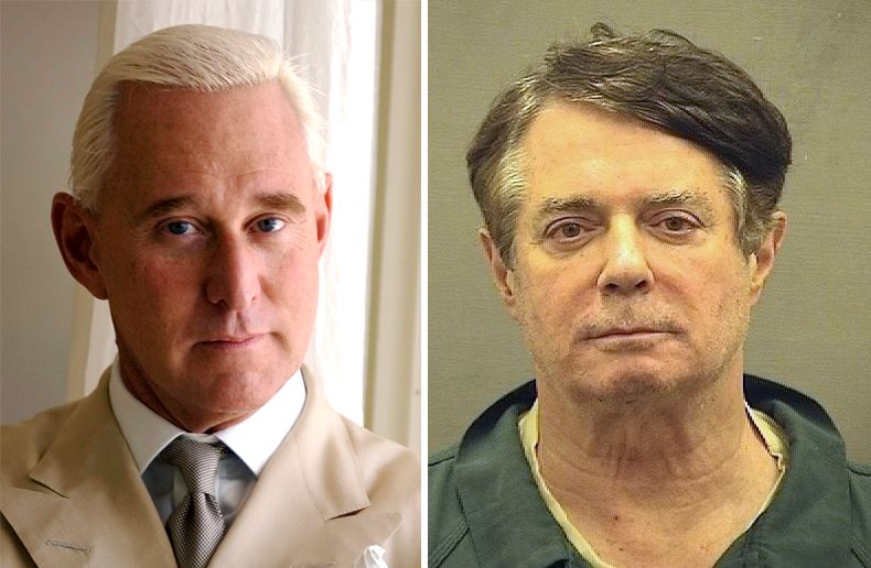 Side by side photos show, at left, an older white haired white man with black round glasses wearing a suit jacket and tie. At right, a middle aged white man with brown hair wearing a prison top.