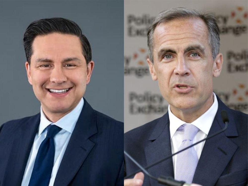 Two photos are side by side. Pierre Poilievre and Mark Carney, both light-skinned men, are wearing suits with ties.