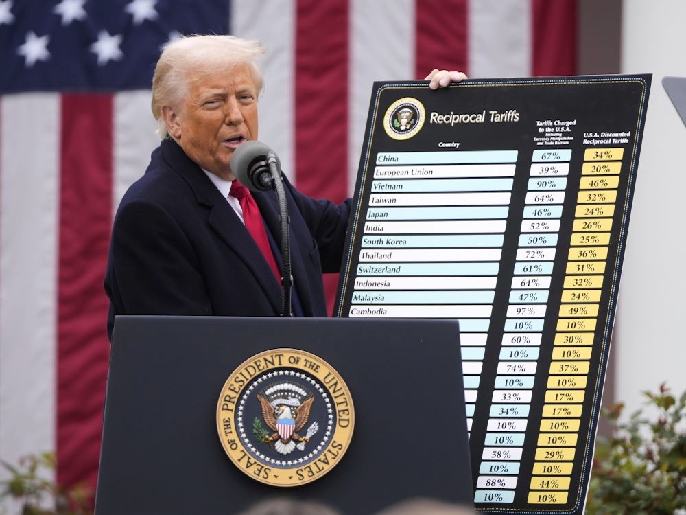 Donald Trump, wearing a dark suit and red tie, stands behind a podium bearing the U.S. presidential seal. He is holding up a board showing a list of countries beside two columns of varying percentages. The board is titled 'Reciprocal Tariffs.'