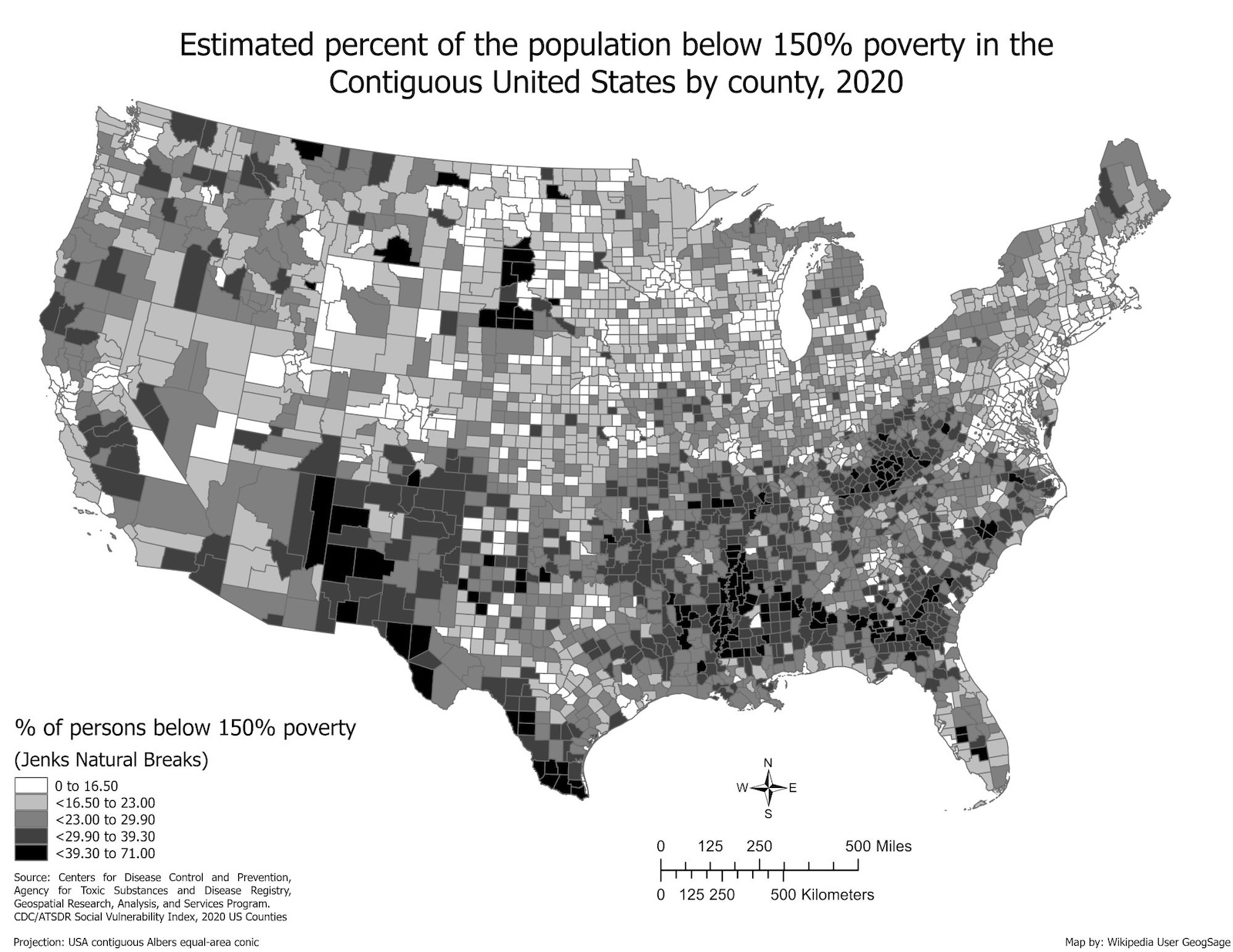 A map of the United States divided into myriad areas of differing shapes and shades. The title reads, 'Estimated per cent of the population below 150 per cent poverty in the contiguous United States by county, 2020.'