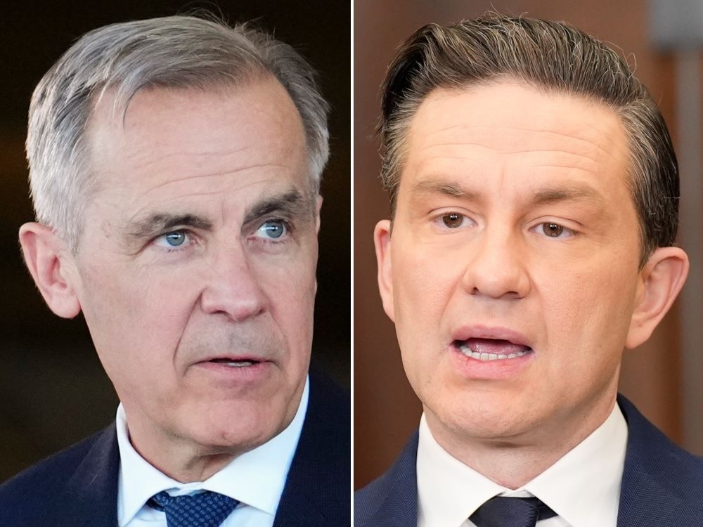 Two headshots. On the left, Mark Carney has light skin, short grey hair and blue eyes. On the right, Pierre Poilievre has light skin, short brown hair and brown eyes. Both are in suit and tie.
