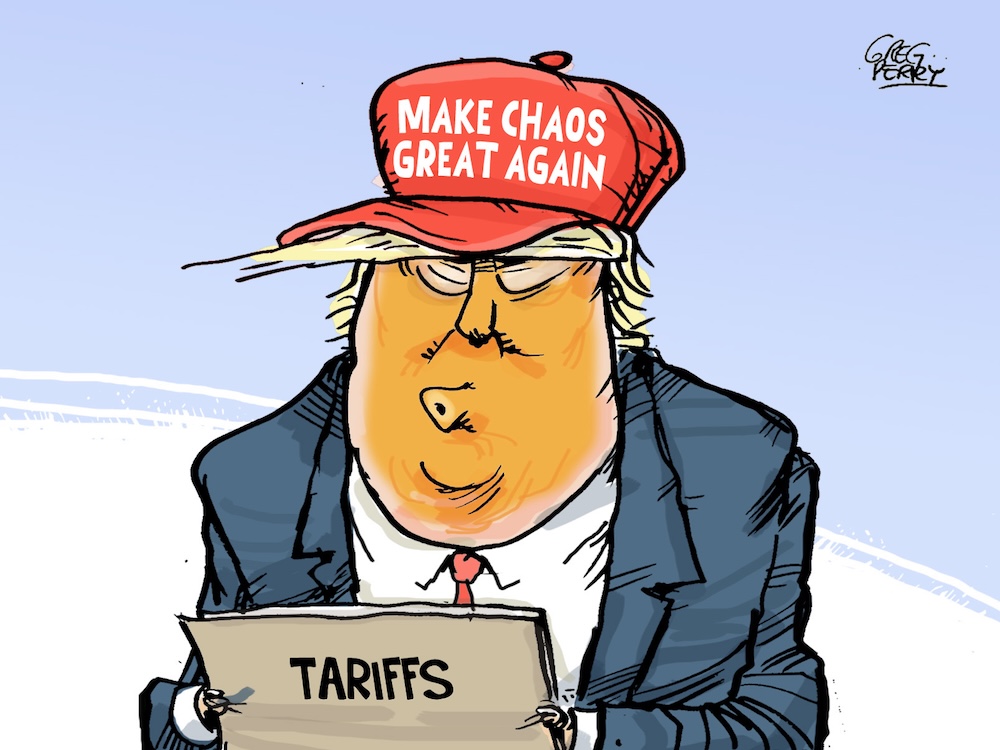 A caricature of Donald Trump wearing a hat that says ‘Make Chaos Great Again’ and holding in his hands a paper that says ‘Tariffs.’