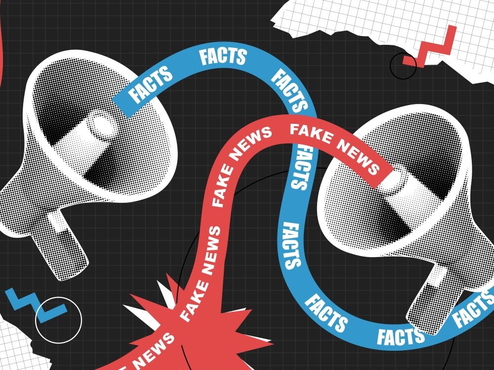 A photo illustration shows two megaphones, one emitting a blue ribbon labelled ‘Facts,’ the other a red ribbon labelled ‘Fake News.’