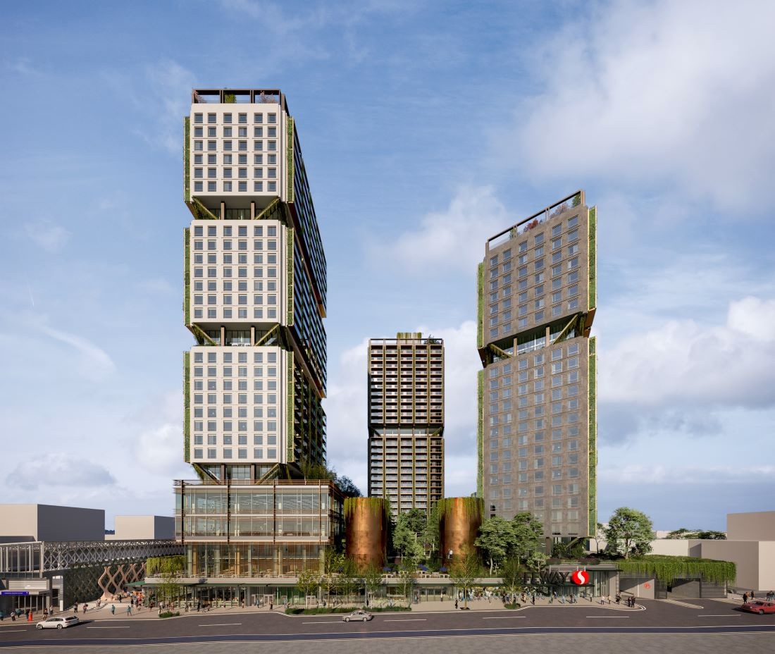 A rendering shows three residential towers of somewhat quirky design, with indents every eight storeys or so.